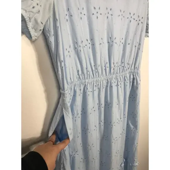 J. Crew Midi Dress Women's 8 Blue V Neck Puff Sleeve Eyelet Tiered Feminine - Picture 6 of 15